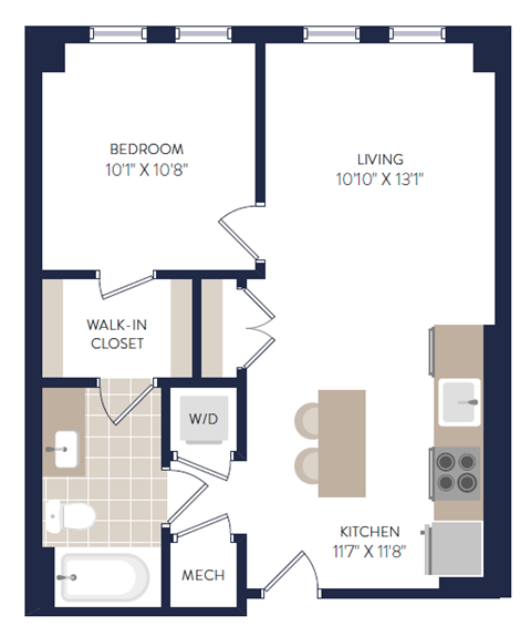 Floor plan for 1 bed, 1 bath, 562 sqft